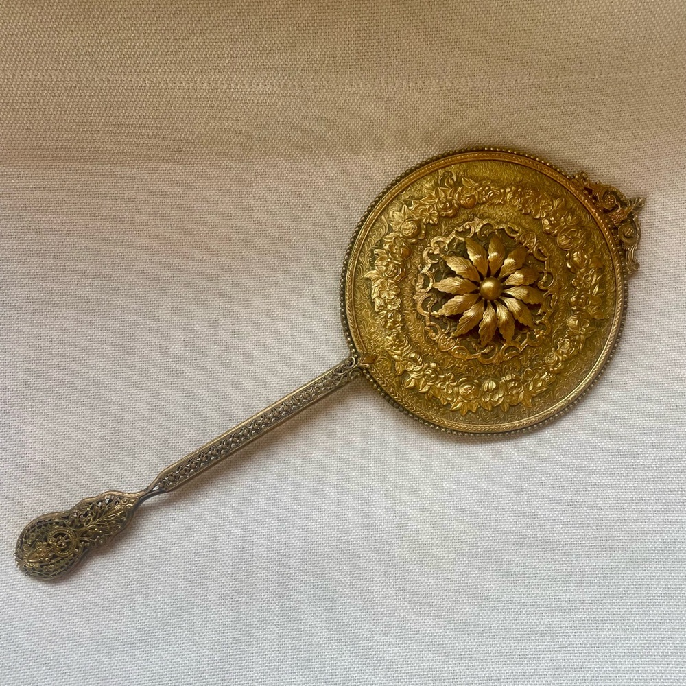 Antique Brass Hand Mirror Filigree Ormolu for Vanity